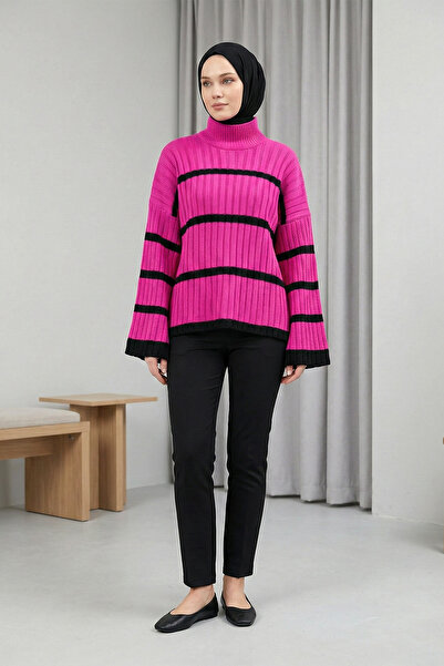 MODAQU Striped High-Neck Knit Sweater - Fuchsia