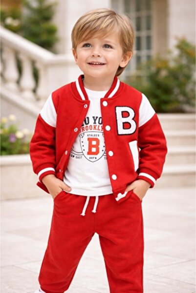 Pure Boutique Trening baieti 3 piese rosu hanorac bluza pantaloni bumbac casu...