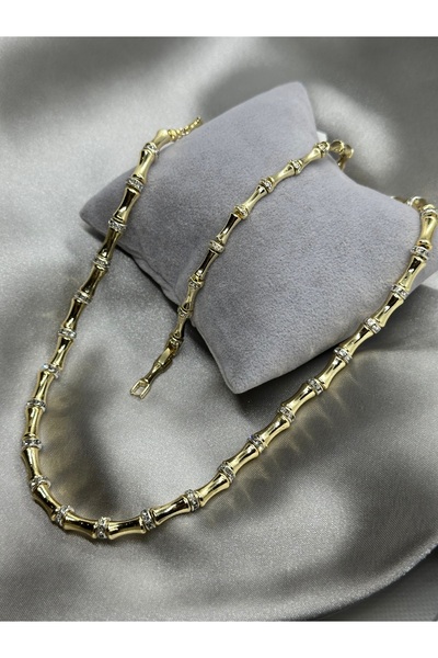 Bade Jewelry Vip Gold Kemik Model Taşlı Kolye&Bileklik Set