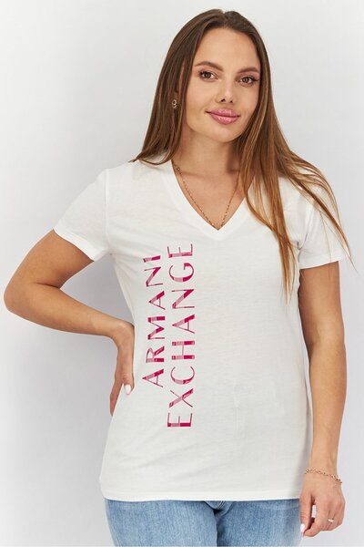 Armani Exchange Women V-neck Short Sleeve Graphic T-shirt, White