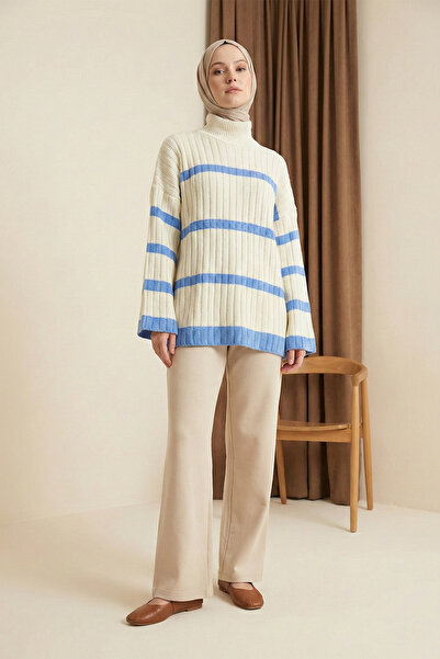 MODAQU Striped High-Neck Knit Sweater - Blue