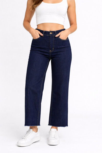 Lighter Jeans Kadın Koyu Mavi Likralı Geniş Paça Jean Pantolon – Salaş Kesim,...