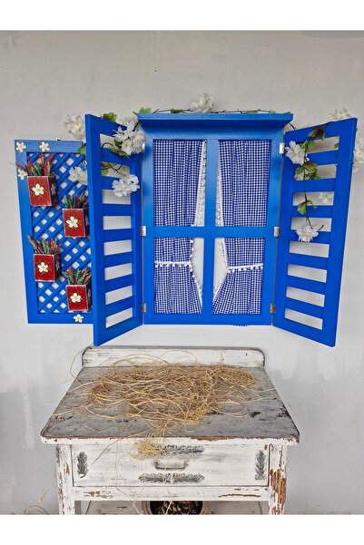 buraxe Bozcaada serisi ahşap panjurlu pencere ve saksılı pano set, ÇİÇEKLER H...