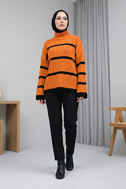 MODAQU Striped High-Neck Knit Sweater - Orange
