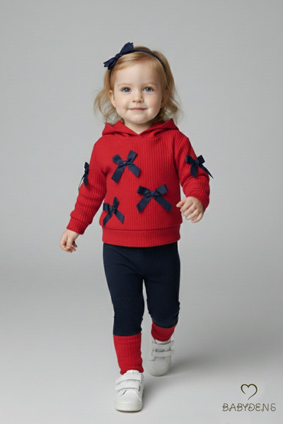 BABYDEN'S Baby Kids 2-Piece Set Cotton Hooded Sweatshirt Leggings Bow Detaile...