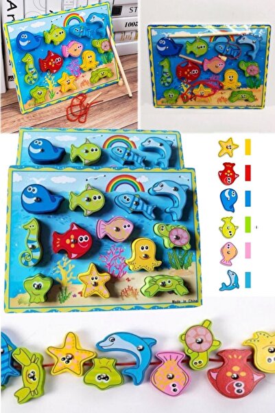 Munico 12'li Manyetik Balık Yakalama Ahşap Bulmaca Kurulu Balıkçılık Oyunu Eğ...