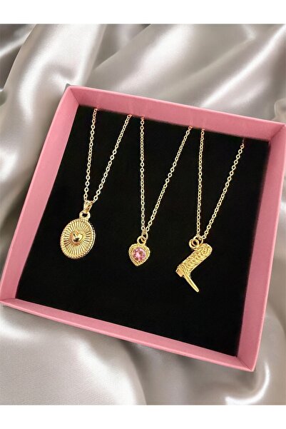 Madam Bikan Gold Renk Pembe Kalp Bot Detaylı 3 Lü Kolye