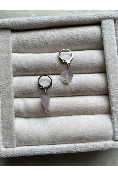 Pel Design Raw Amethyst Stone Silver Color Steel Hoop Earrings Handmade