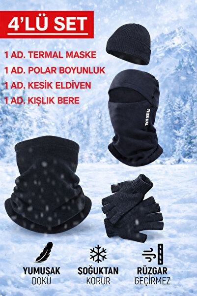 RDK Giyim 4'lü Kış Seti Termal Maske, Polar Boyunluk, Kesik Eldiven, Bere