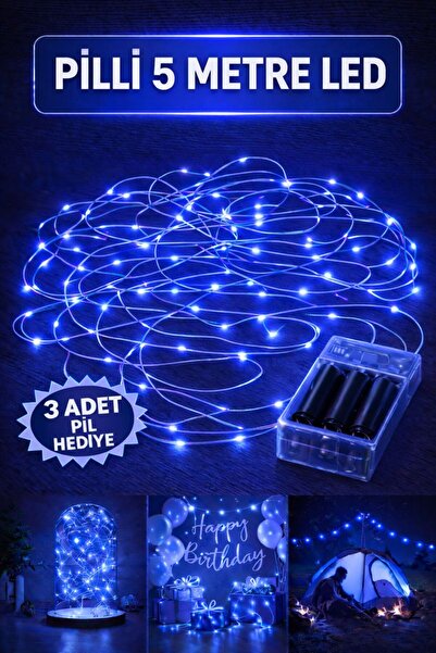 Baloncu Dede 5 Metre Mavi Peri Led Işık Pilli Yanıp Sönen Özel Gün Doğum Günü...