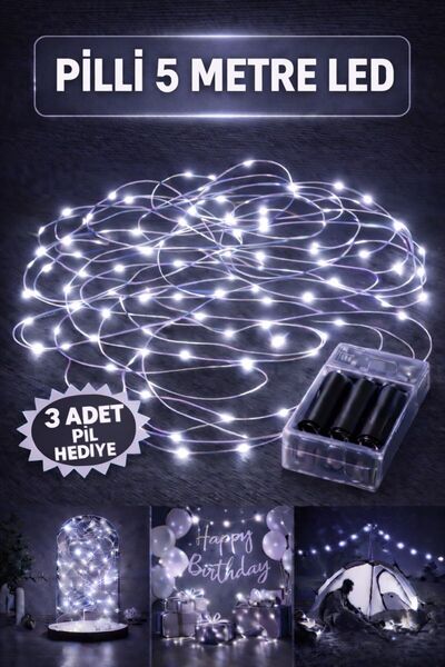 Baloncu Dede 5 Metre Beyaz Peri Led Işık Pilli Yanıp Sönen Özel Gün Doğum Gün...