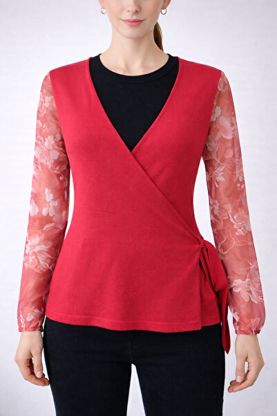 Neden Tekstil Double-Breasted Collar Floral Patterned Tulle Sleeve Detailed K...