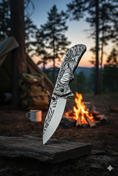 MERTCAN KNİFE Gümüş Renk Kabartma İşlemeli Çakı - Paslanmaz Çelik Kamp ve Pik...