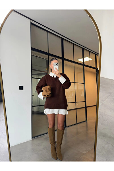 Miss Beyoğlu Rochie tricotată cu detalii tip cămașă pentru femei (cureaua nu ...