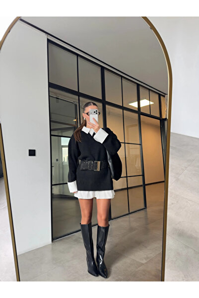 Miss Beyoğlu Women's Shirt Detailed Knitwear Dress (Belt Not Included)