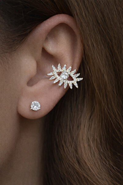 Sense of Atelier حلق أذن أورين ذهبي مزين بحجر ذهبي على شكل عين بدون ثقوب