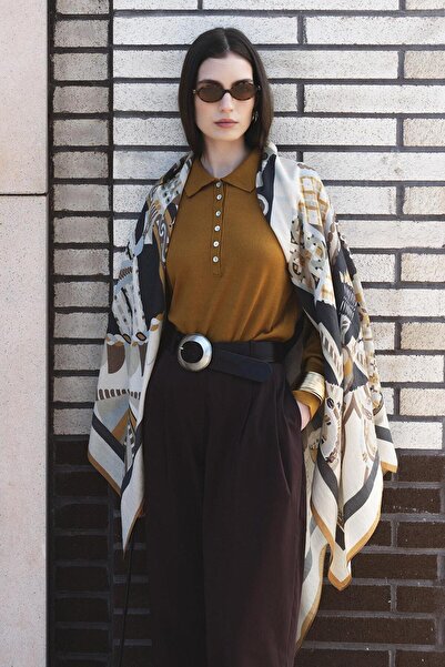 Jolamier Kahve Mosaic Yün İpek Omuz Şalı