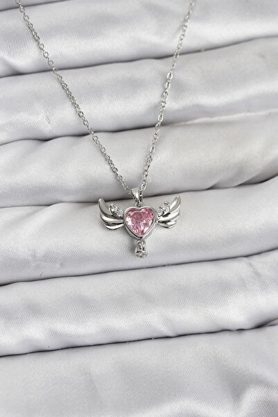 Epilons Bfs 316L Steel Chain Silver Color Winged Heart Model Zircon Stone Wom...