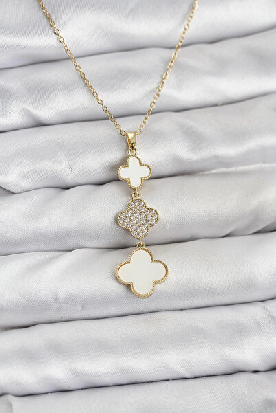 Epilons Bfs 316L Steel Chain Gold Color Clover Detailed Zircon Stone Women's ...