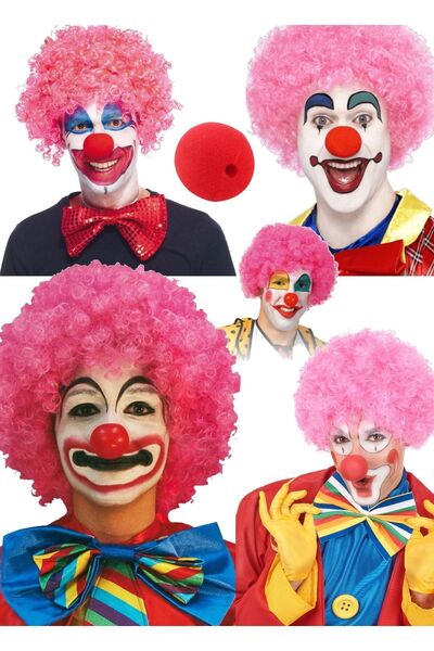 Munico Parti Doğum Günü Için Rengarenk Peruk Ve Kırmızı Burun Seti Cosplay Pa...