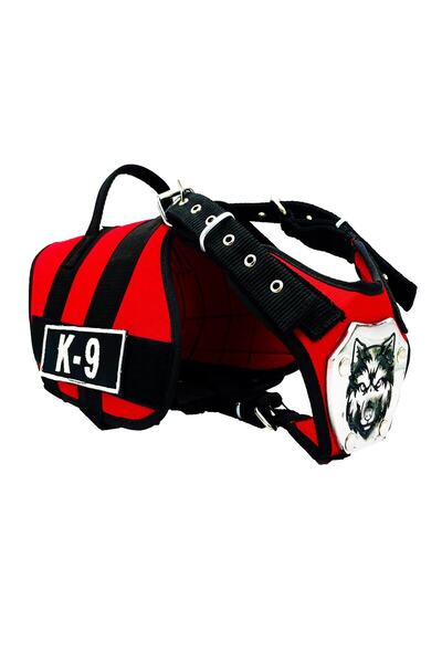 FeyzaDesign Kırmızı K9 Kurt Başlı Köpek Göğüs Tasması, Güçlü ve Şık Tasarım