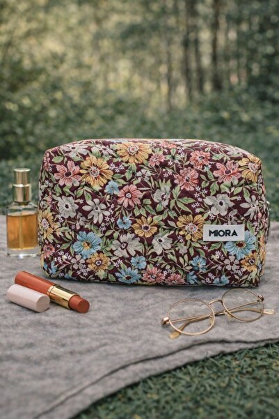 MIORA BAG Bordo Çiçek Bahçesi Makyaj Çantası ve Düzenleyici&Organizer