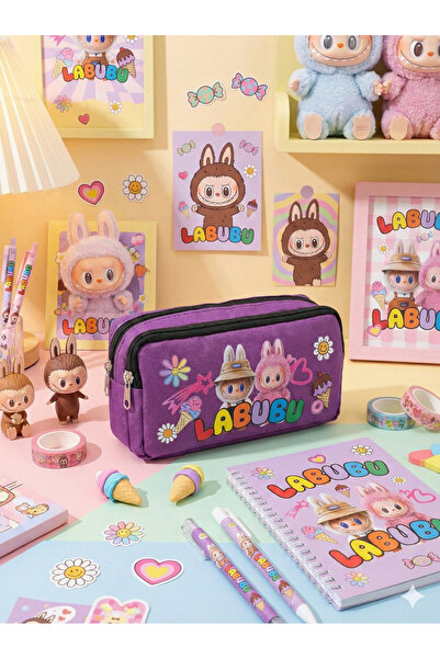 Probag Labubu Printed Double Compartment Purple School Pencil Case