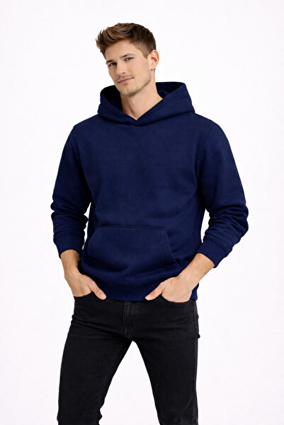 NAKRUF Men's Navy Blue Hooded Sweatshirt with Kangaroo Pocket and Cotton Insi...