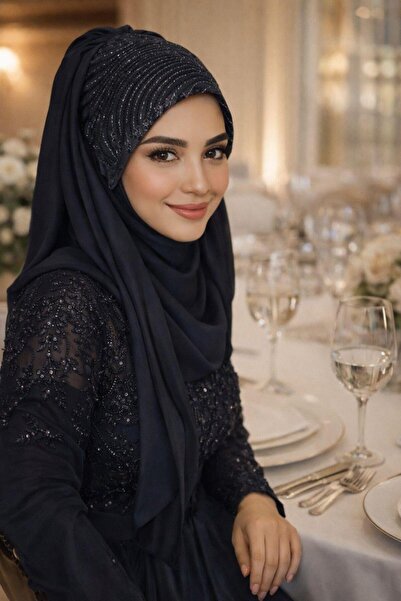 Aişe tesettür Lacivert Detaylı Hazır Abiye Şal