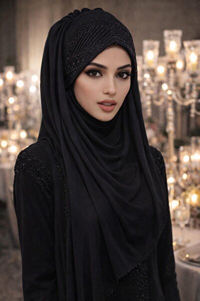 Aişe tesettür Siyah Antrasit Flok Baskılı Hazır Abiye Şal