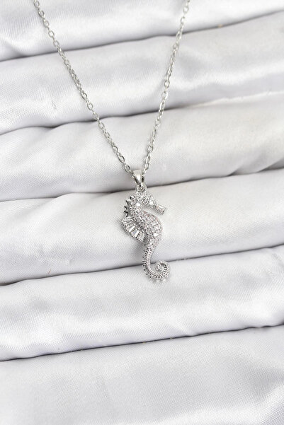 Clariss 316L Çelik Zincir Gümüş Renk Deniz Atı Model Zirkon Taşlı Kadın Kolye