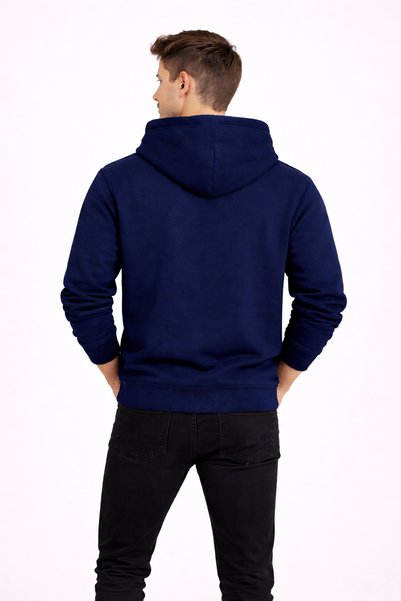 NAKRUF Men's Navy Blue Hooded Sweatshirt with Kangaroo Pocket and Cotton Inside for Winter