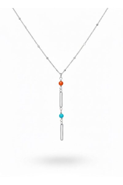 NKIE JEWELS قلادة فضية اللون من الفولاذ بتصميم سلسلة مرصعة باللؤلؤ على شكل مش...