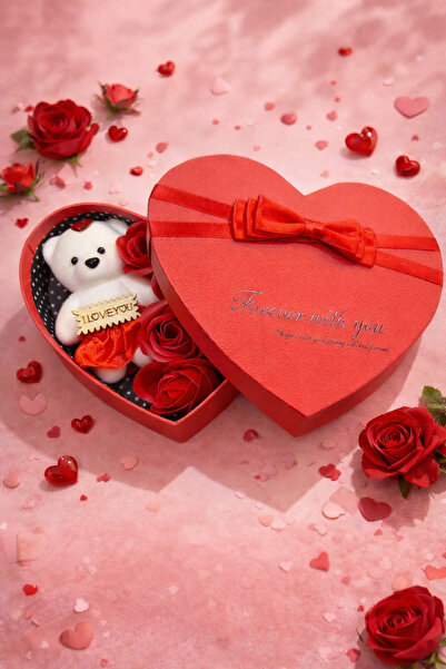 LOVE Romantik Kalp Kutu Ayıcık ve Yapay Gül Seti