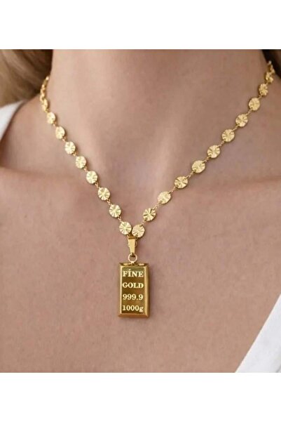 Septemmart Gold Renk Külçe Altın Figürlü 60 cm Desenli Zincir Kolye