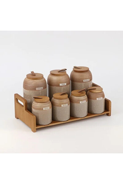 Generic 7-Piece Ceramic Jar Set with Wooden Stand