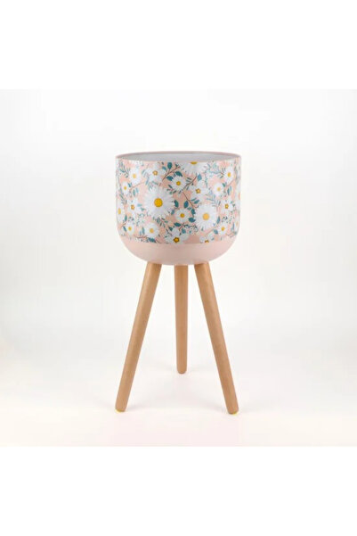 Generic Decorative metal plant stand with a floral pattern and wooden legs