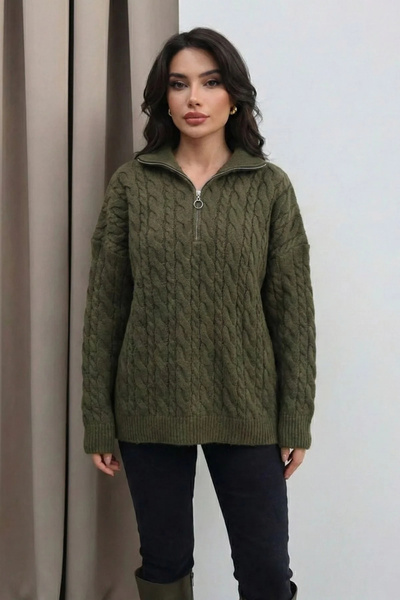 bysoca Women's Green Zippered Hair Braid Patterned Soft Textured Oversize Kni...