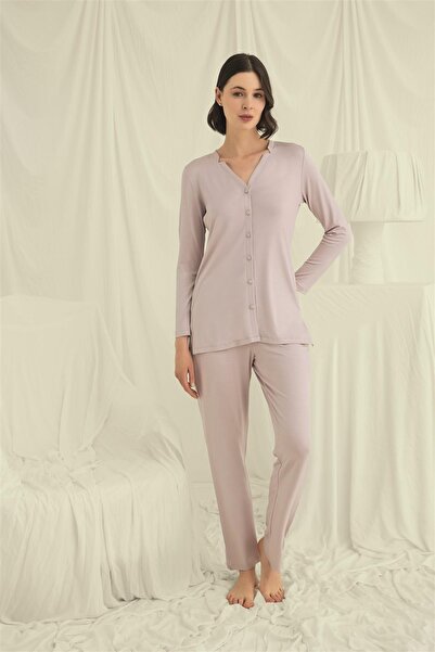 Marsilyan Ieg Long Sleeve Buttoned V-Neck Pajama Set Ilkel-Mdgym457