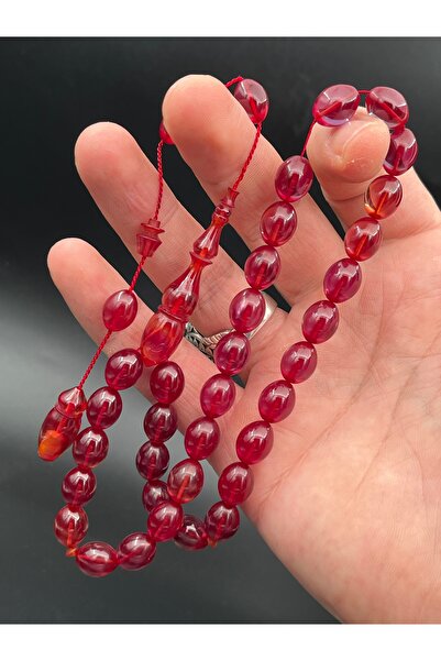 Cemhan Göksal سبحة من حجر العنبر الناري مقاس 9x11 ملم، مصنوعة يدويًا بتصميم خ...