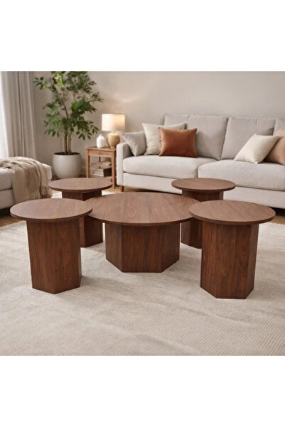 Generic Round Wooden Serving Table with a Modern Carved Design - 5 Pieces