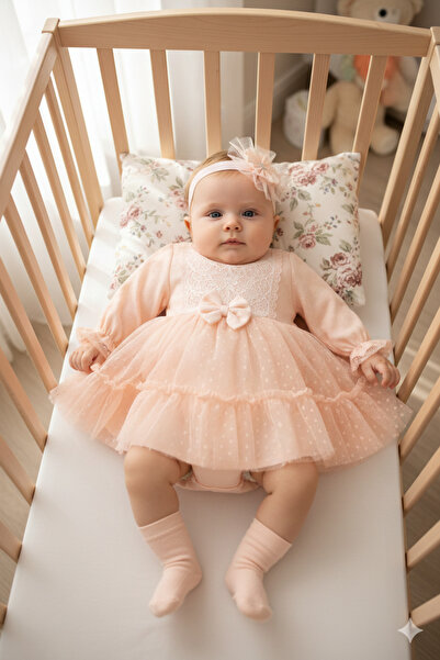 Miniday Baby Baby Girl Mevlütlük Dress with Bandana and Lace Newborn Hospital...