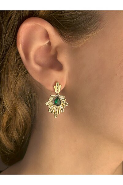 Nilly Jewelry Yeşil Taşlı Sallantılı Gold Çelik Küpe
