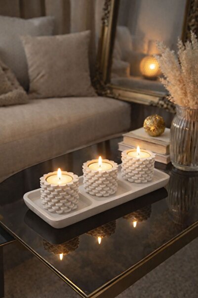 BUBUHOMEDECOR 3 Bölmeli tabaklı set halinde Kozalak Figürlü Mumluk veya Şamda...