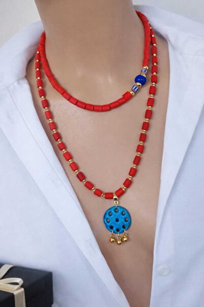 Sinem Şanlı Atelier Luna Matte Red Glass Beads Syriani Stone Double Necklace ...