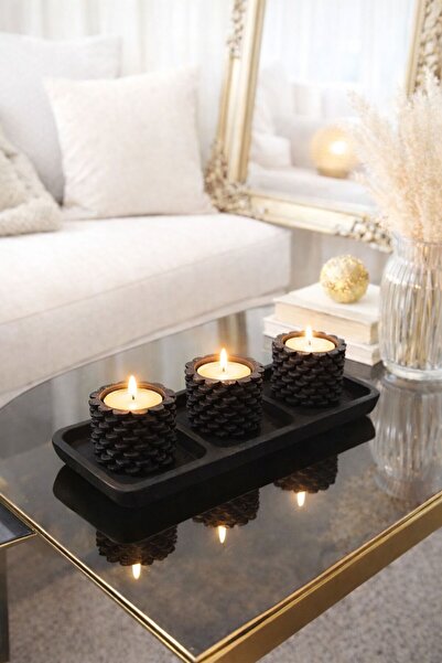BUBUHOMEDECOR 3 Bölmeli Tabaklı set halinde Kozalak Figürlü Mumluk veya Şamda...