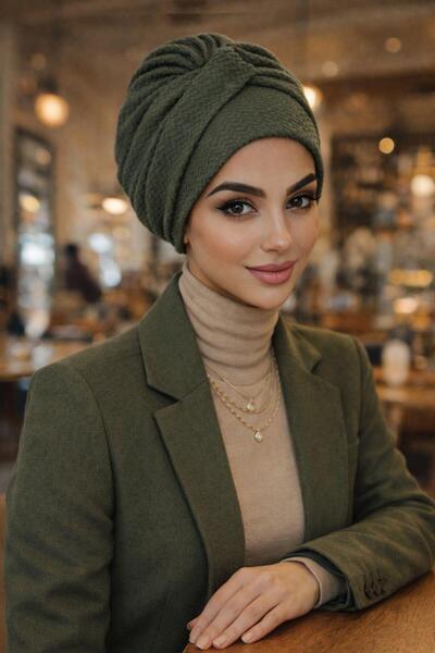 Aişe tesettür Bonetă kaki gata făcută cu bandă răsucită