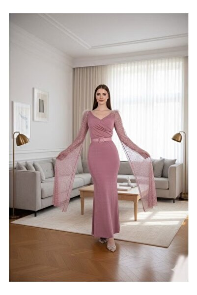 FULLJOY A long velvet evening dress with wide embroidered sleeves and a belt;...