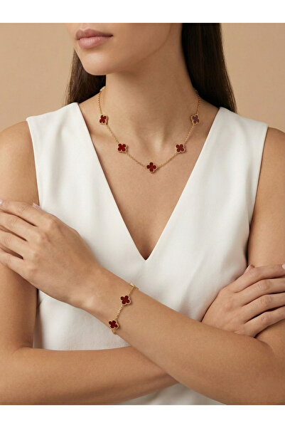 LOREZIA Çelik Bordo Yonca Model Kolye ve Bileklik 2’li Set – Kadın Paslanmaz ...