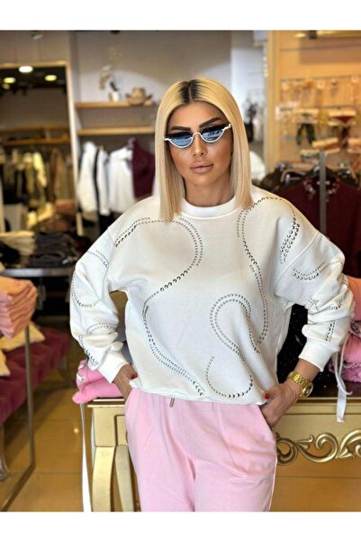 Kokoşum Butik 5711 Studded Patterned Sweatshirt White